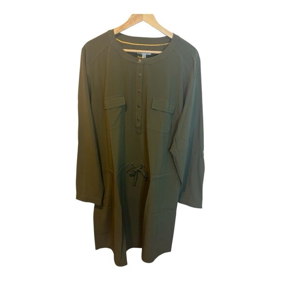 Orvis XL Army Green Button Down Utility Drawstring Waist Short Dress Zip Pockets - Picture 3 of 13
